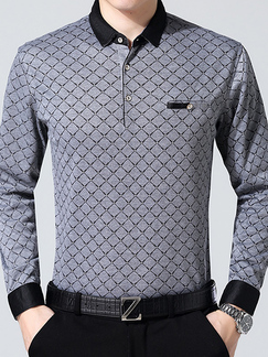 Gray Slim Lapel Grid Plus Size Long Sleeve Men Shirt for Casual Office Evening