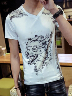 White Slim V Neck Located Printing  Men Shirt for Casual Party