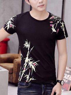 Black Slim Round Neck Located Printing  Men Shirt for Casual Party