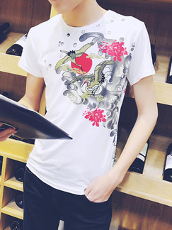 White Colorful Slim Round Neck Located Printing  Men Shirt for Casual Party
