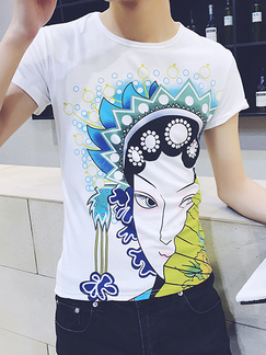 White Colorful Slim Round Neck Located Printing  Men Shirt for Casual Party