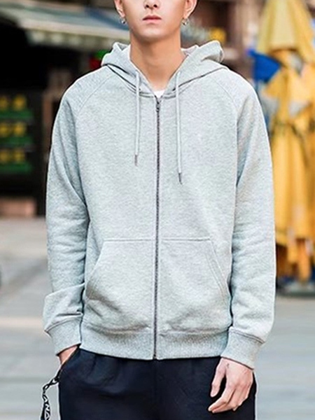 Light Gray Loose Hooded Drawstring Long Sleeve Men Jacket for Casual Sporty