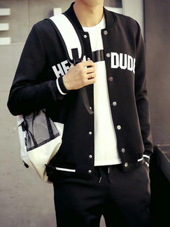 Black Loose Stand Collar Letter Long Sleeve Men Coat for Casual