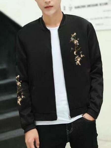 Black Slim Stand Collar Embroidery Long Sleeve Men Coat for Casual