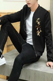 Black Slim Stand Collar Embroidery Long Sleeve Men Coat for Casual