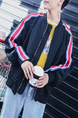 Black Loose Stand Collar Linking Side Stripe Long Sleeve Men Coat for Casual