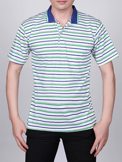 White and Green and Blue Loose Plus Size Lapel Linking Stripe Collar Men Shirt for Casual Office