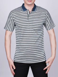 Gray and Blue Loose Plus Size Lapel Stripe Leisure Linking Collar Men Shirt for Casual Party Office