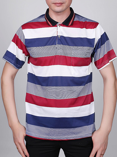 Red and White and Blue Loose Plus Size Lapel Stripe Leisure Linking Collar Men Shirt for Casual Party Office