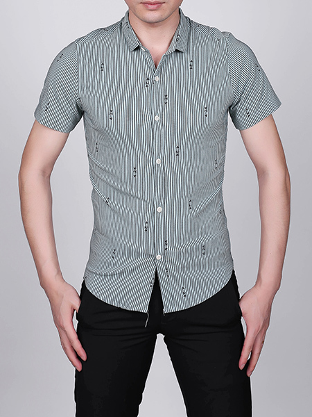 Gray and Black Slim Plus Size Lapel Stripe Leisure Linking Single-breasted Collar Button-Down Men Shirt for Casual Party Office
