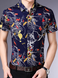 Navy and Colorful Slim Plus Size Lapel Leisure Linking Single-breasted Printed Collar Button-Down Men Shirt for Casual Party Office