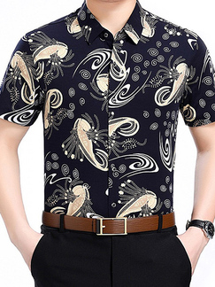 Black Slim Plus Size Lapel Leisure Linking Single-breasted Printed Collar Button-Down Men Shirt for Casual Party Office
