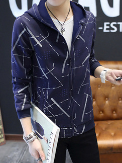 Blue Plus Size Slim Printed Hooded Zipper Front Long Sleeve Men Sweater for Casual