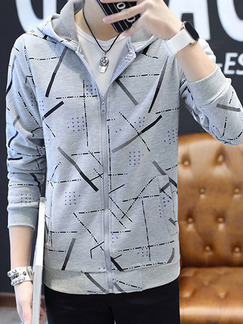 Grey Plus Size Slim Printed Hooded Zipper Front Long Sleeve Men Sweater for Casual