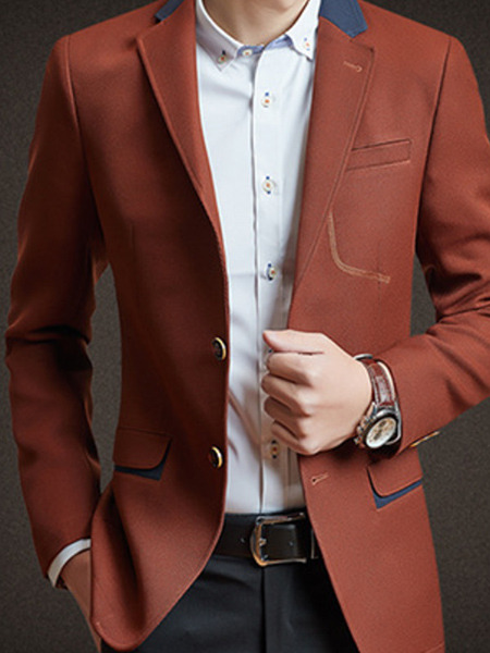 Brown Plus Size Slim Lapel Buttons Contrast Fillet Pockets Long Sleeve Men Suit for Evening Office