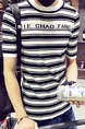 Black and White Plus Size Slim Contrast Stripe Round Neck Letter Printed  Men Shirt for Casual