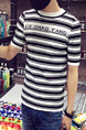 Black and White Plus Size Slim Contrast Stripe Round Neck Letter Printed  Men Shirt for Casual