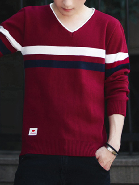 Red White and Black Plus Size Slim V Neck Contrast Stripe Long Sleeve Men Sweater for Casual