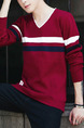 Red White and Black Plus Size Slim V Neck Contrast Stripe Long Sleeve Men Sweater for Casual