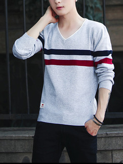 Grey Blue and Red Plus Size Slim V Neck Contrast Stripe Long Sleeve Men Sweater for Casual