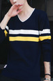 Blue White and Yellow Plus Size Slim V Neck Contrast Stripe Long Sleeve Men Sweater for Casual