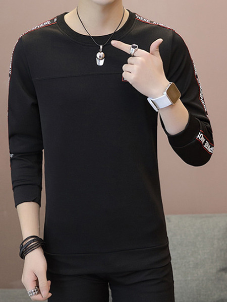 Black Plus Size Slim Round Neck Contrast Linking Letter Printed Long Sleeve Men Sweater for Casual