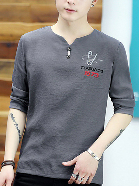 Grey Plus Size Slim V Neck Buttons Letter Printed Men Shirt for Casual