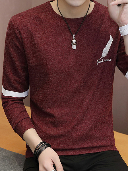 Red Plus Size Slim Contrast Linking Embroidery Round Neck Men Sweater for Casual