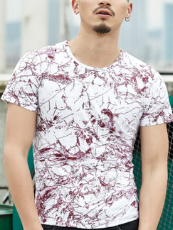 White and Red Plus Size Slim Printed Round Neck  Men Tshirt for Casual