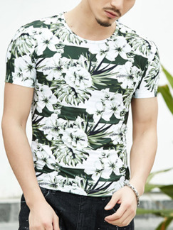 White and Green Plus Size Slim Printed Round Neck Floral Men Tshirt for Casual