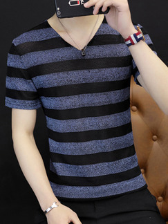 Blue and Black Plus Size Slim Contrast Stripe V Neck  Men Shirt for Casual