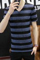 Blue and Black Plus Size Slim Contrast Stripe V Neck  Men Shirt for Casual