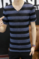 Blue and Black Plus Size Slim Contrast Stripe V Neck  Men Shirt for Casual