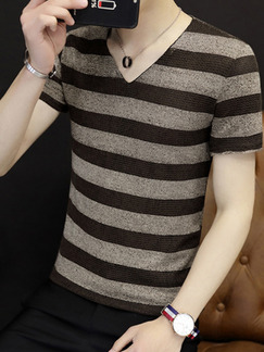 Grey and Brown Plus Size Slim Contrast Stripe V Neck  Men Shirt for Casual