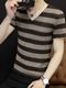 Grey and Brown Plus Size Slim Contrast Stripe V Neck  Men Shirt for Casual
