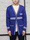 Blue Plus Size Loose Contrast Linking V Neck Pockets Three-Buttons Long Sleeve Men Cardigan for Casual
