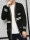 Black Plus Size Loose Contrast Linking V Neck Pockets Three-Buttons Long Sleeve Men Cardigan for Casual
