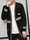 Black Plus Size Loose Contrast Linking V Neck Pockets Three-Buttons Long Sleeve Men Cardigan for Casual
