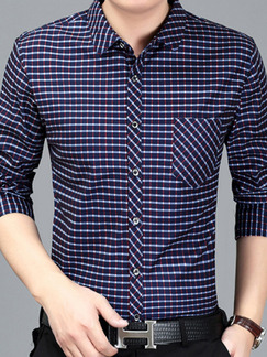 Blue Plus Size Slim Contrast Grid Single-Breasted Pocket Men Shirt for Casual Office