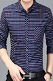 Blue Plus Size Slim Contrast Grid Single-Breasted Pocket Men Shirt for Casual Office