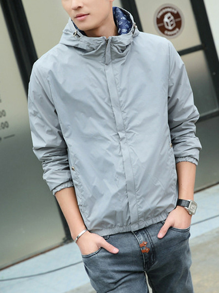 Grey Plus Size Slim Hooded Drawstrings Pockets Long Sleeve Men Jacket for Casual