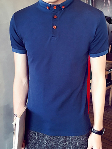 Blue Plus Size Slim Polo Collar Buttons Men T-shirt for Casual