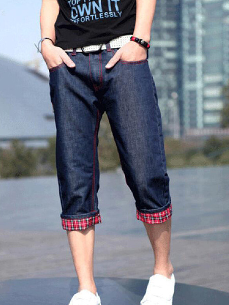 Navy Blue Loose Denim Contrast Men Shorts for Casual