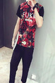Red Colorful Loose Located Printing Letter T-Shirt Floral Men Shirt for Casual Party