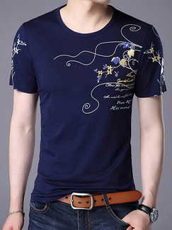 Navy Blue Slim Located Printing T-Shirt Men Shirt for Casual Party