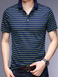 Navy Blue and Green Slim Contrast Stripe T-Shirt Men Shirt for Casual Party