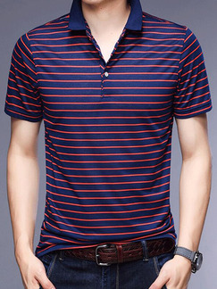 Navy Blue and Red Slim Contrast Stripe T-Shirt Men Shirt for Casual Party