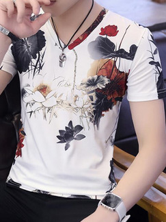 White Colorful Slim Printed T-shirt V Neck Men Shirt for Casual Party