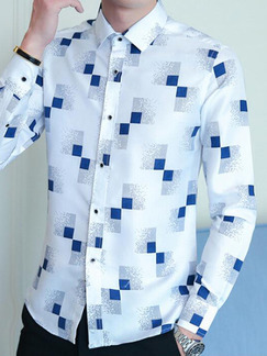 White Blue and Gray Slim Printed Long Sleeve Men Shirt for Casual Office Party