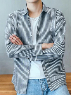 Light Gray and White Slim Stripe Single-Breasted Long Sleeve Men Shirt for Casual Party Office